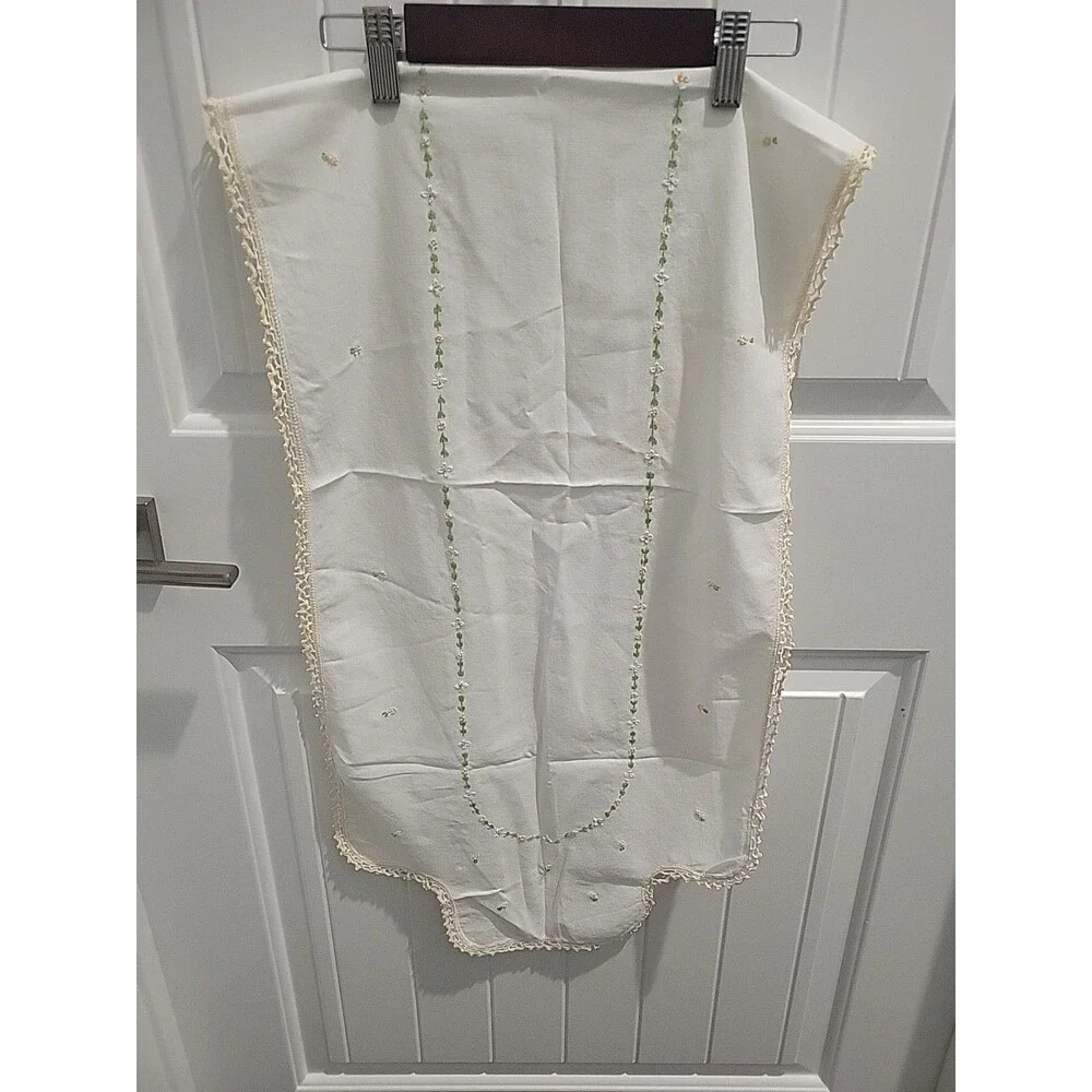 Vintage Hand Embroidered Linen Table Runner/Dresser Scarf with Crochet Trim